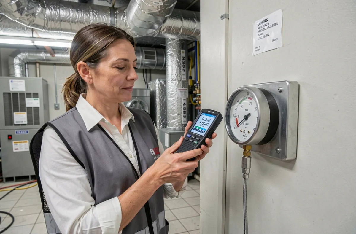 Ingénieure vérifiant la précision d'un manomètre analogique avec un appareil de calibration numérique