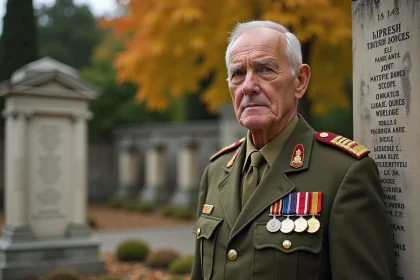 Vétéran militaire en uniforme devant un monument aux morts dans un village français en automne