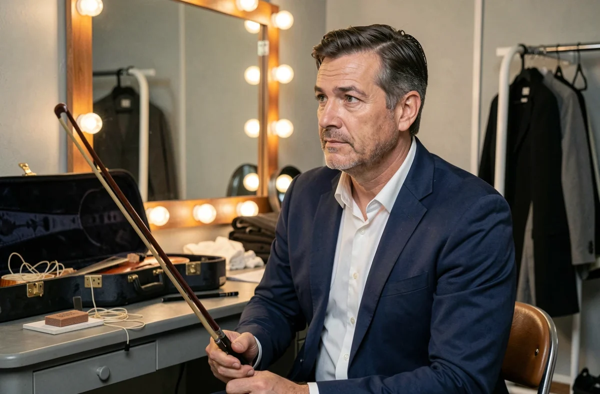Violoniste classique assis en coulisse dans une loge avec son archet et son étui de violon ouvert