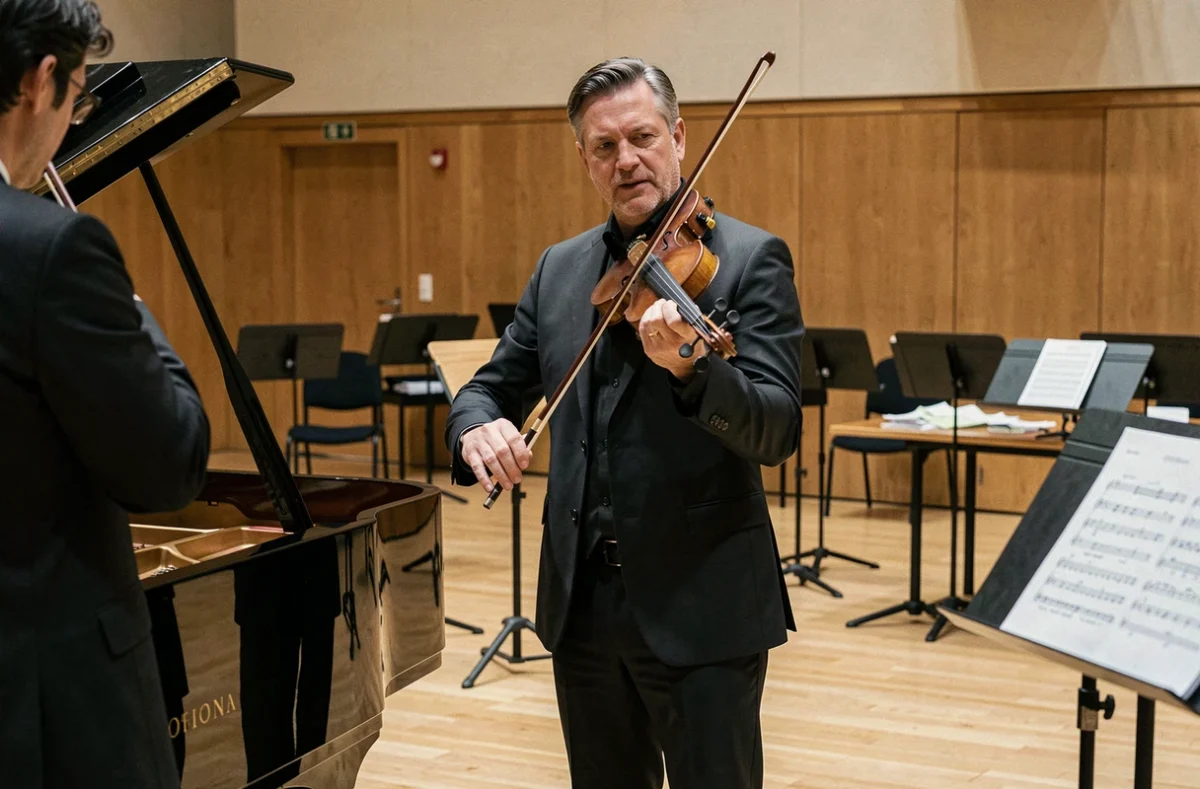 Violoniste professionnel en répétition discutant de partition près d'un piano à queue