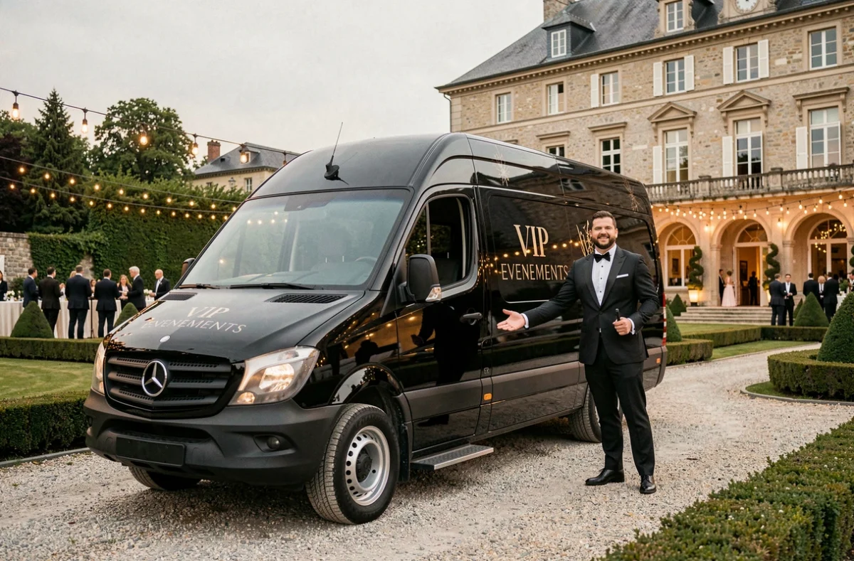 Van de luxe VIP-EVENEMENTS garé devant une salle de réception élégante en Isère avec un chauffeur en smoking accueillant des invités