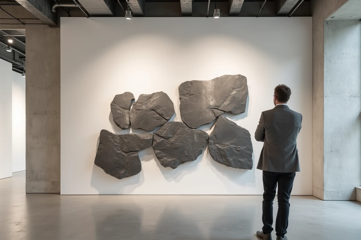 Visiteur contemplant une installation d'art abstrait dans une galerie contemporaine, questionnant la beauté en art