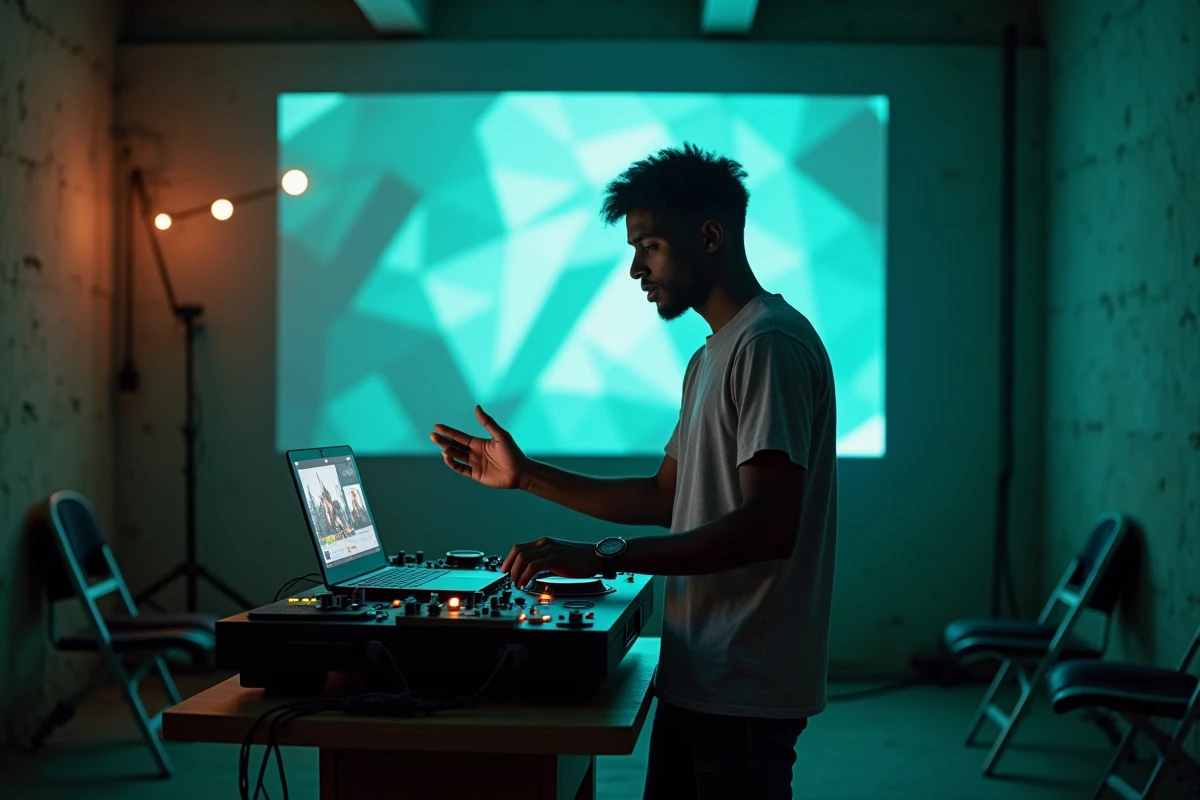 Visual jockey en train de préparer sa performance dans une salle underground avec projecteur et visuels géométriques projetés sur béton