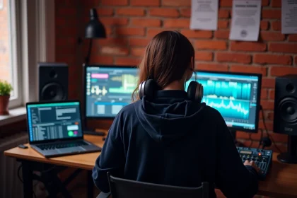 Jeune femme apprenant le VJing en autodidacte dans son studio à domicile avec des contrôleurs MIDI et un logiciel de mix vidéo