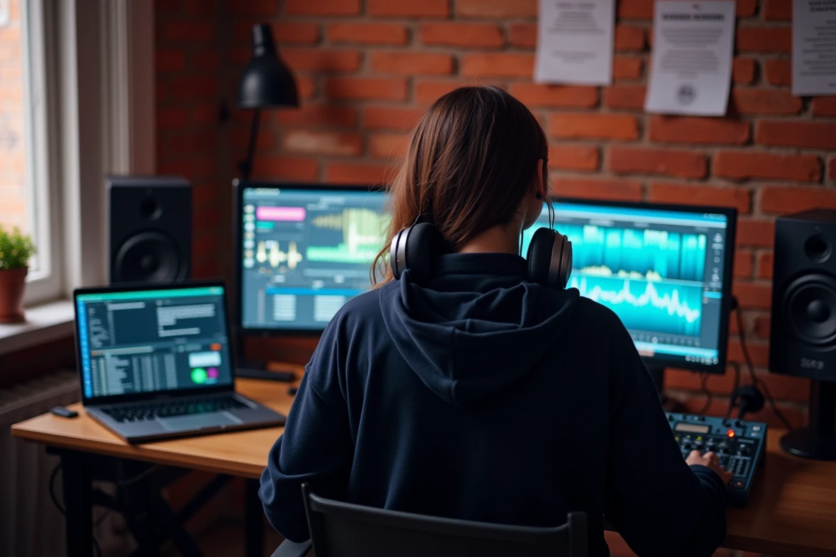 Jeune femme apprenant le VJing en autodidacte dans son studio à domicile avec des contrôleurs MIDI et un logiciel de mix vidéo
