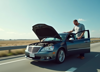 Voiture en panne sur l'autoroute avec conducteur inquiet