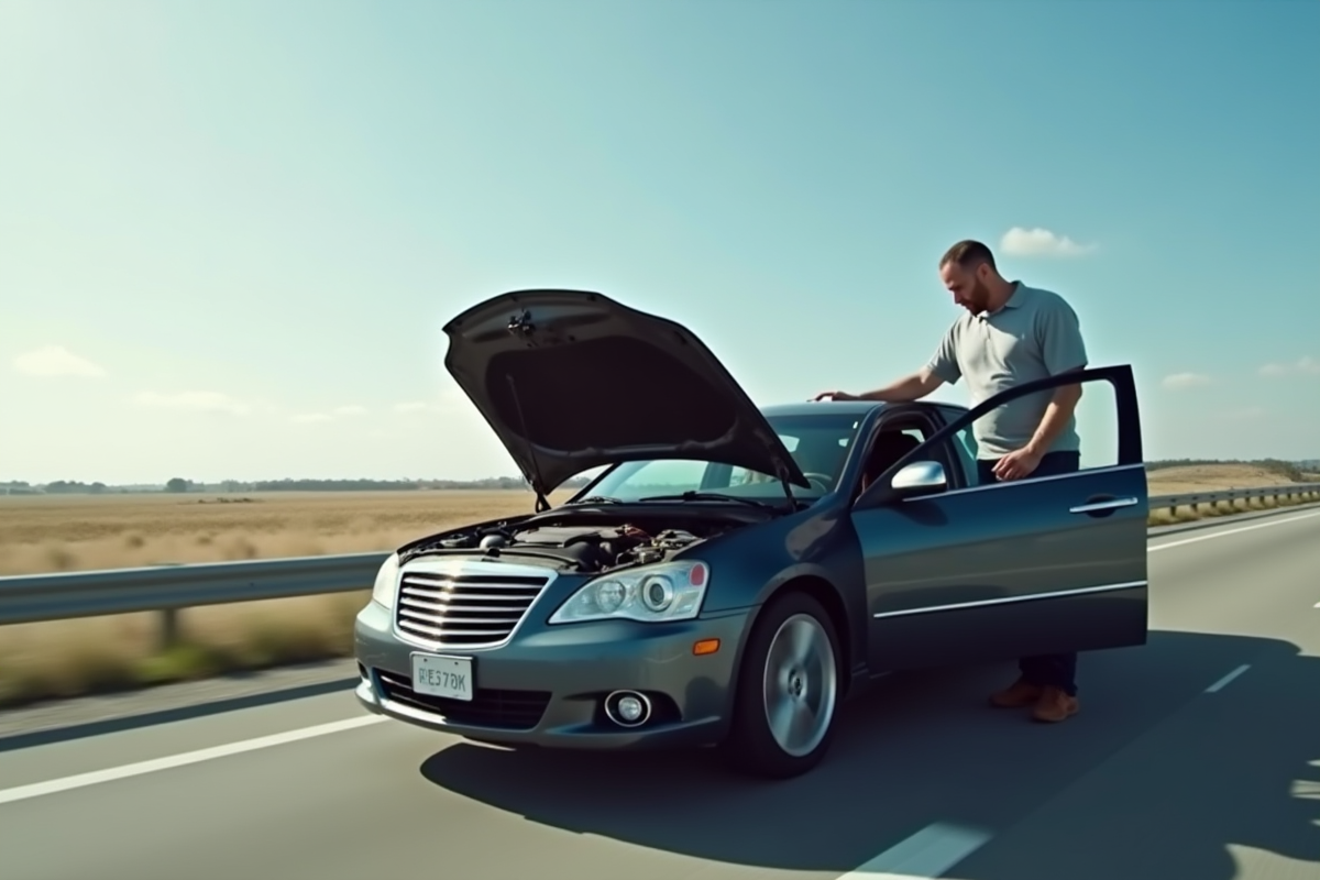 Voiture en panne sur l'autoroute avec conducteur inquiet