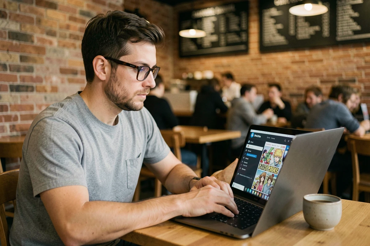 Homme utilisant un VPN dans un café urbain pour naviguer discrètement sur un site de lecture manga