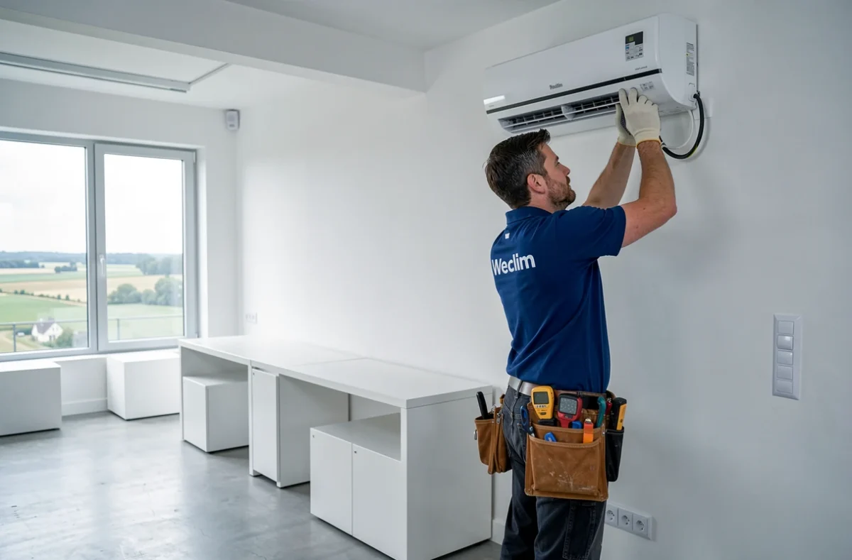 Installateur de Weclim posant un système de climatisation et d'électricité dans un bureau moderne dans l'Aisne